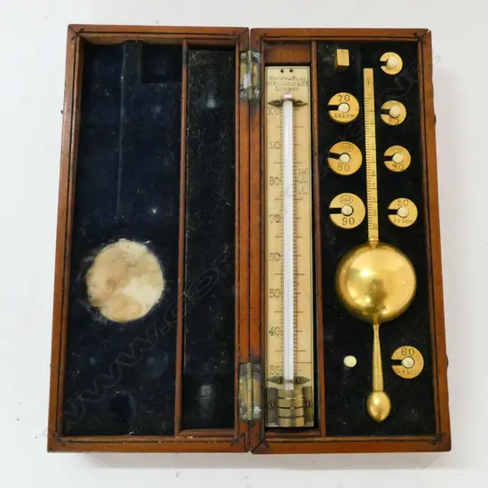 SIKES' HYGOMETER by DRING & FAGE,  IN MAHOG CASE, w THERMOMETER (MISSING 40 WEIGHT)